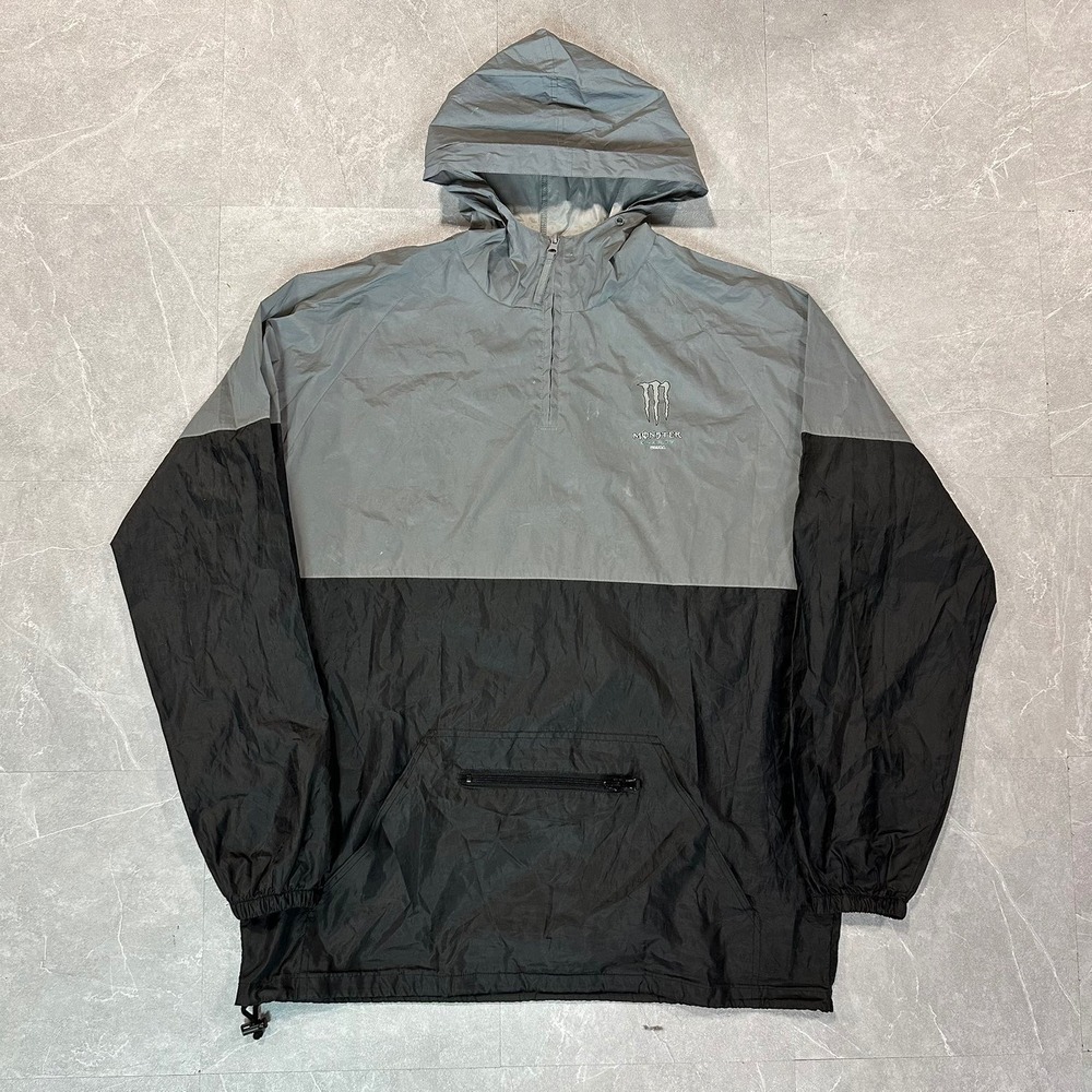 Monster Energy Ultra Windbreaker Mens 2XL Grey Black Quarter Zip Hoodie Jacket